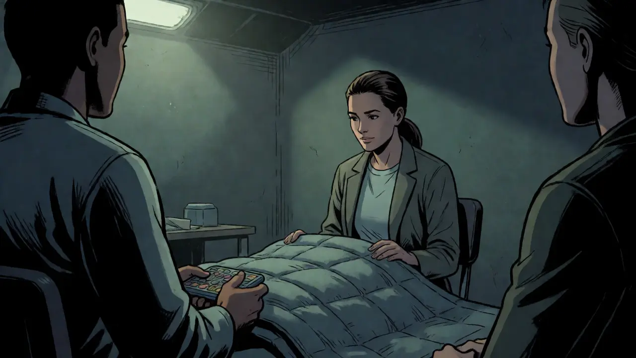 Quiet comic scene of a therapist providing silent, supportive presence during an autistic recovery period.