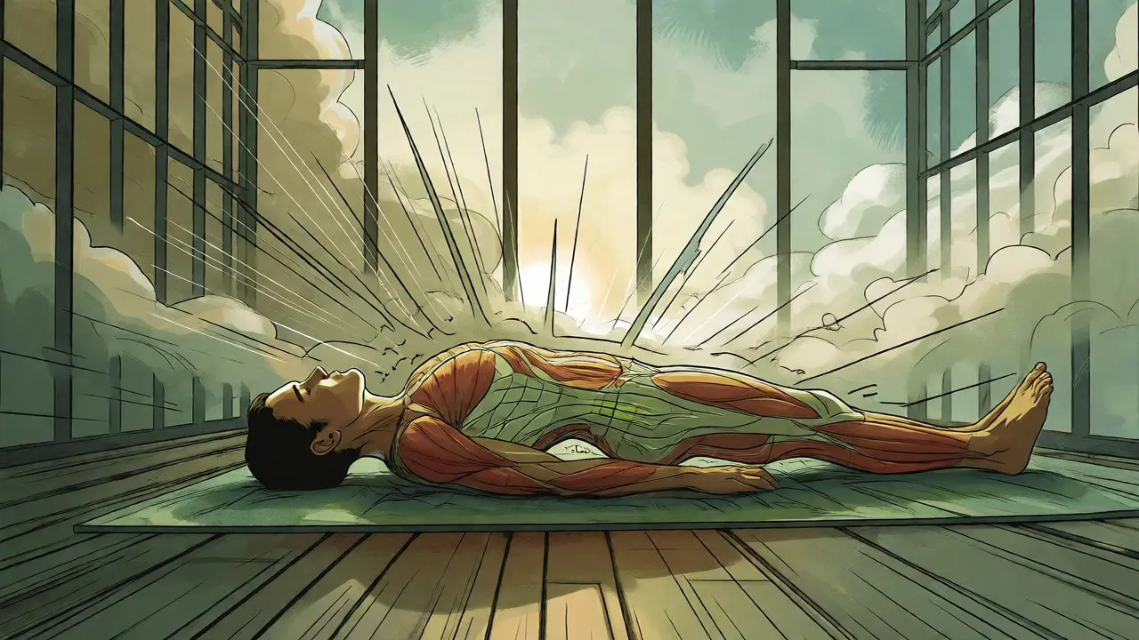 Ilustrace uvolnění napětí těla pomocí metody TRE v komiksovém stylu s dynamickými čarami pohybu.