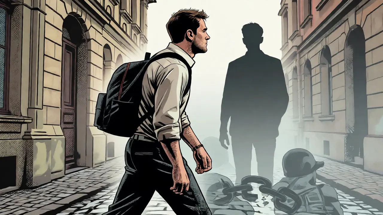 Klient odchází z terapie s novou nadějí v komiksové estetice