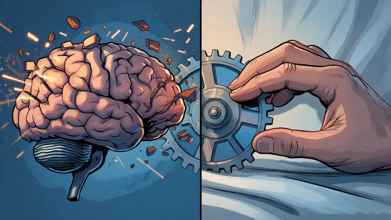 Komiksová scéna zobrazující princip duální pozornosti při EMDR terapii jako kontrolu nad vzpomínkami.
