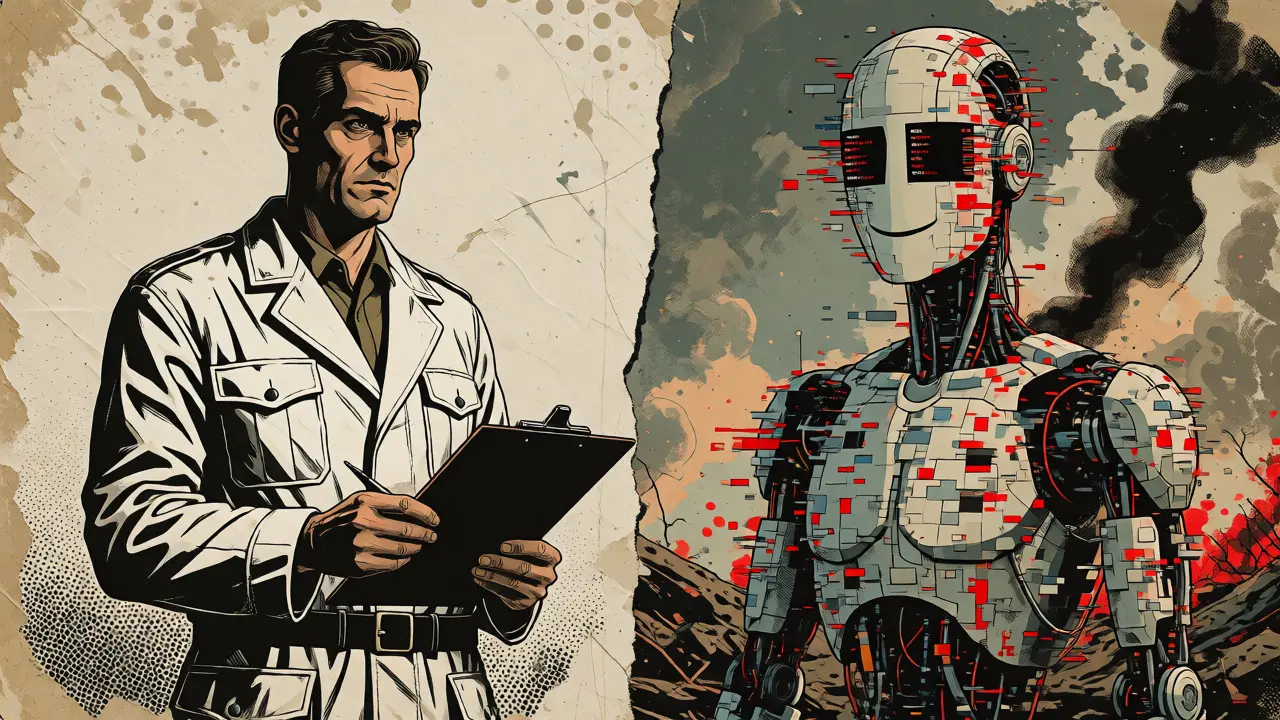 Lidský terapeut stojí proti robotickému chatbotovi v komiksovém stylu.