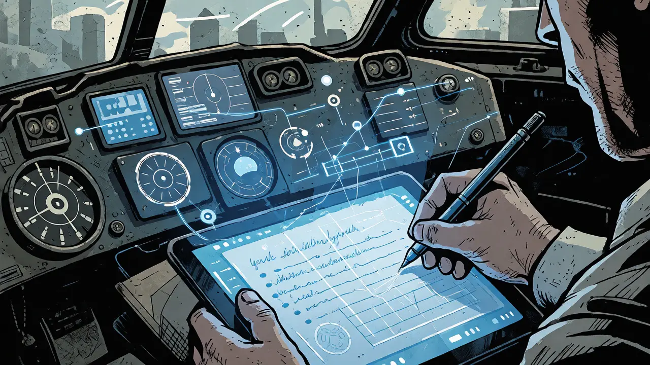 Terapeut interagující s digitálním rozhraním zobrazujícím data z pracovních listů.