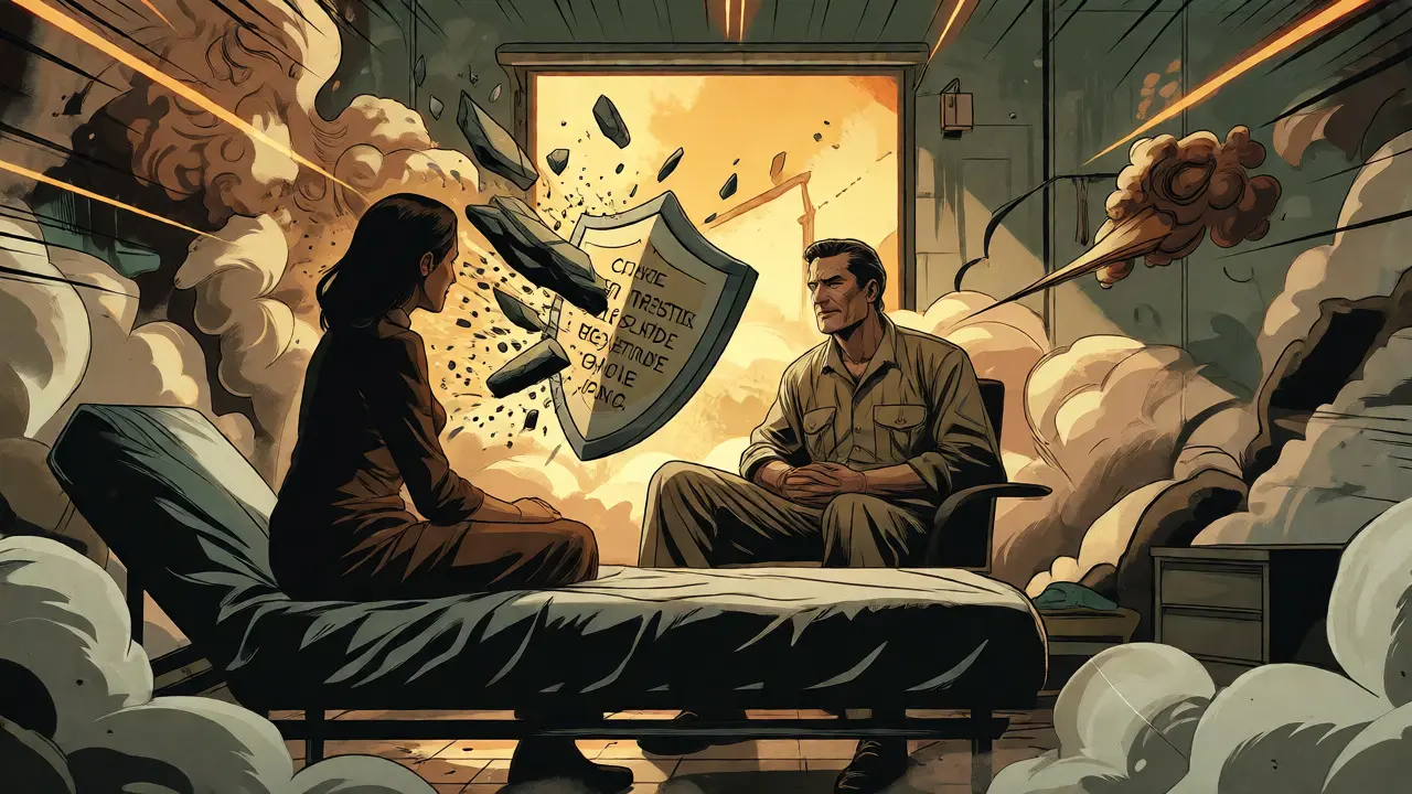 Terapeutická sezení znázorněná jako obrana před chaotickými myšlenkami ve stylu dramatického válečného komiksu.